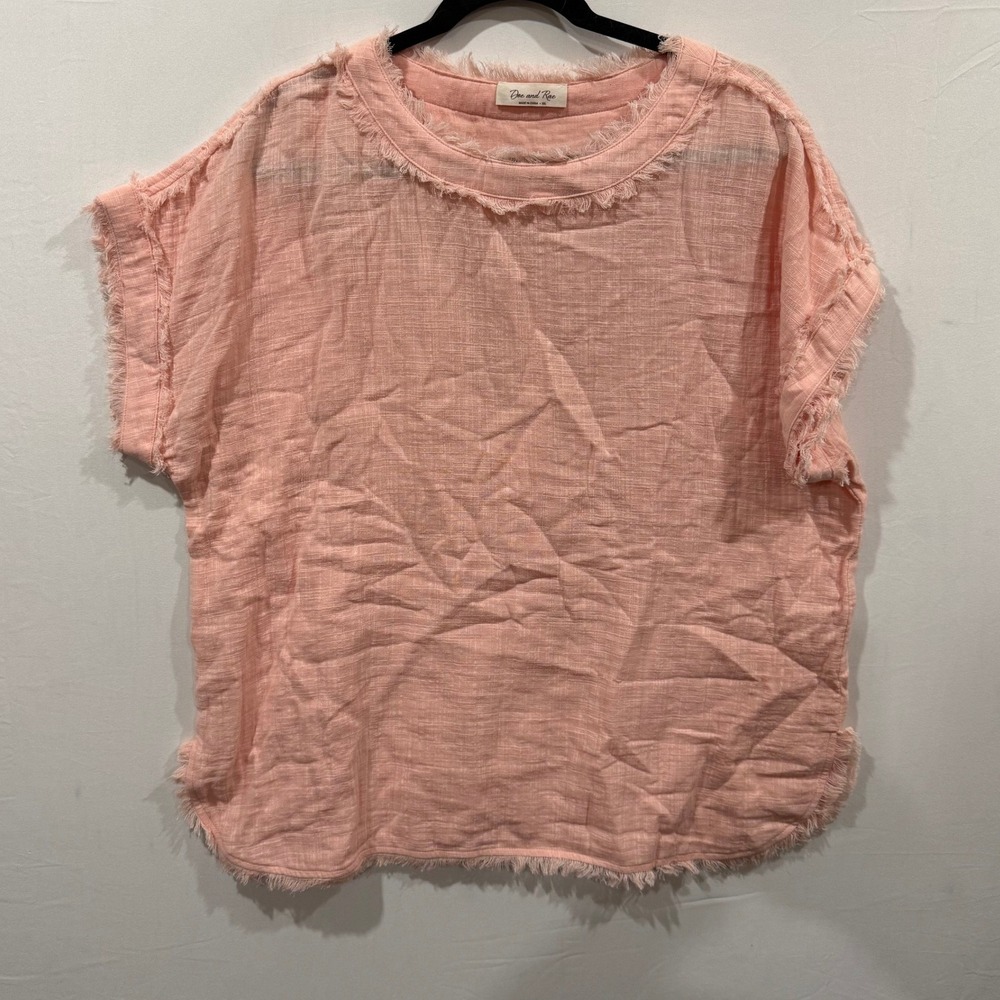 Doe and Rae Pink Cotton Gauze Fringe Trim Back Button Top 1XL 42040TPL